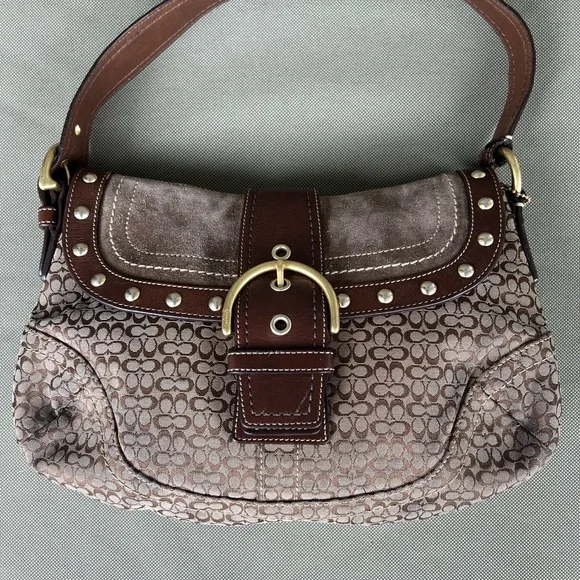 Coach Vintage Signature Soho Studded Brown Suede F11Rare Y2K Buckle Flap F11534 - Picture 7 of 10